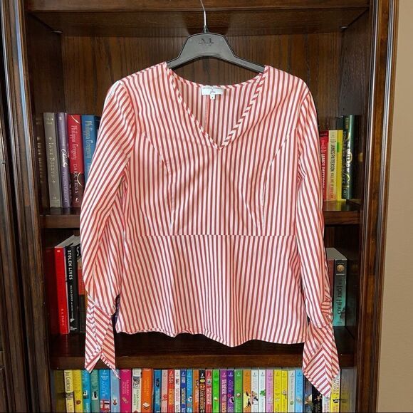 J. Crew Universal Standard Tie Sleeve Red White Stripe Blouse Top Small - Picture 3 of 4